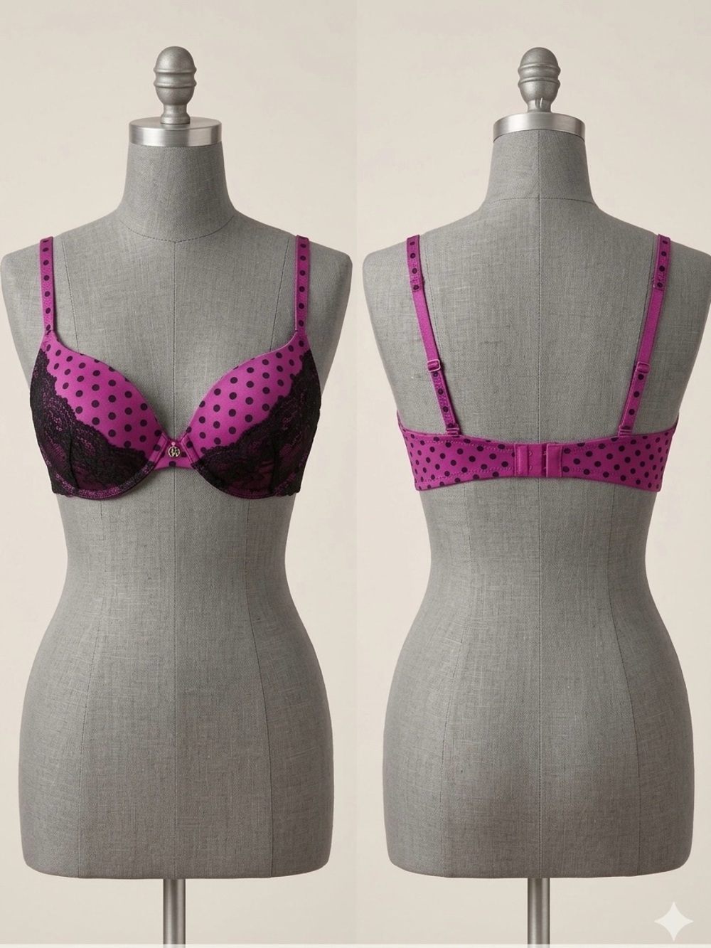 NWOT Plunge Polka Dot Lace Push-Up Bra in Magenta & Black